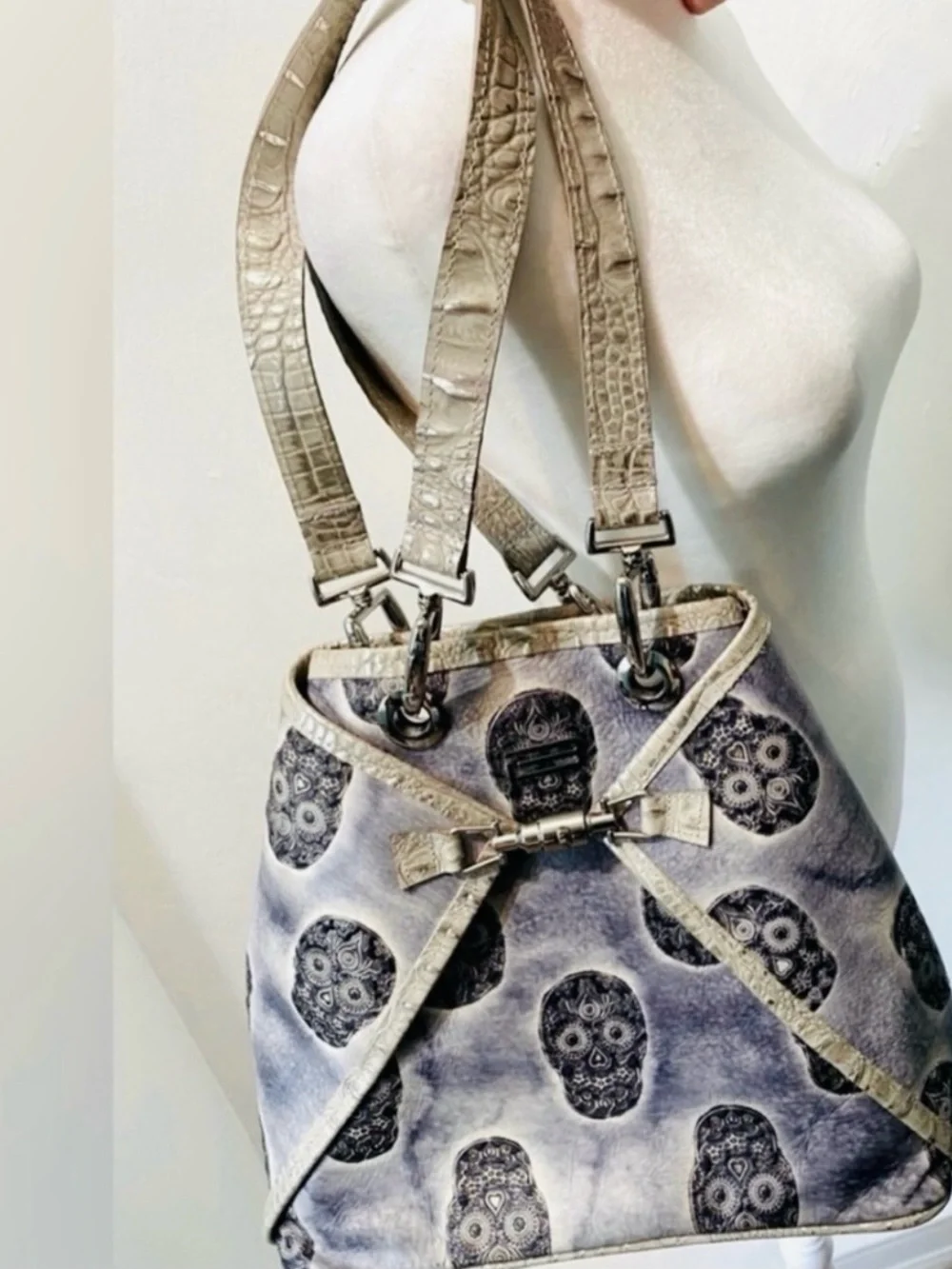 Limited BSWANKY Couture Silver Sugar Skull Reversible Backpack/Shoulder Bag